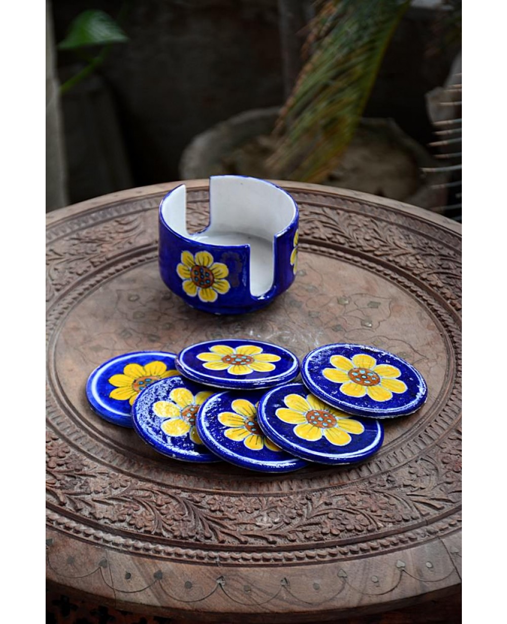 Handmade Blue Pottery design Coffe/Tea coasters, Set of 6 with stand floral print MultiColour