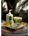 Handmade Blue Pottery Bathroom Ensemble 4 pieces with liquid soap dispenser soap tray toothbrush tray  floral print MultiColour