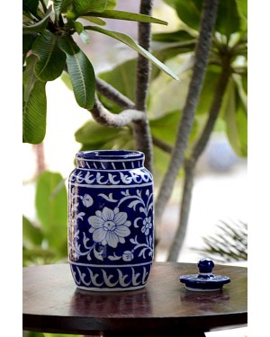 Handmade Blue Pottery Designer specially for kitechn accessories Pot for tea or suger with Lid  floral print MultiColour