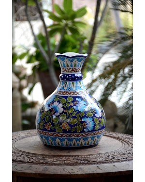 Handmade Blue Pottery Designer Flower pot and Vessel for multipurpose  floral print MultiColour