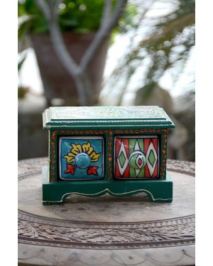 Handmade Blue Pottery Designer Crafted mini drawer with two boxes  floral print MultiColour