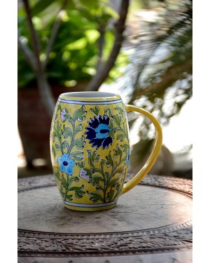 Handmade Blue Pottery Designer Beer Mug Pitcher with handle in natural color for any party or home use  floral print MultiColour
