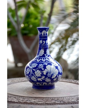 Handmade Blue Pottery designer flower vessel pot for dining room or office  floral print MultiColour