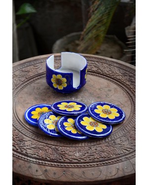 Handmade Blue Pottery specially design Coffe/Tea coasters, Set of 6 costers with coster stand floral print MultiColour