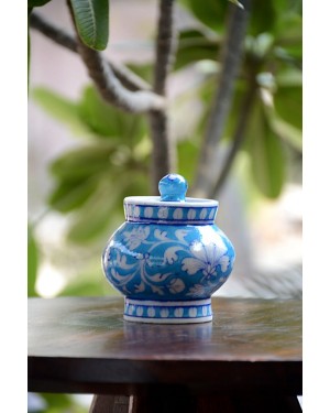Handmade Blue Pottery Designer specially for kitechn accessories Pot for tea or suger with Lid  floral print MultiColour