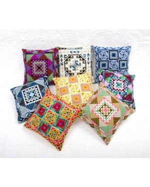Designer handcrafted "la badam" Decor  Cushion Covers Set of 5 Cushions Cover Vintage  Style Handmade Kantha Designed in Paris, Crafted India. Bengali Work