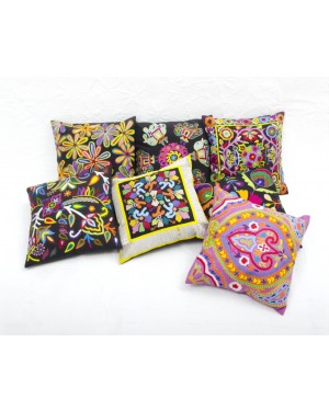 Designer handcrafted "la badam" Decor  Cushion Covers Set of 5 Cushions Cover Vintage  Style Handmade Kantha Designed in Paris, Crafted India. Bhujodi Work