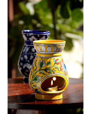 Handmade Blue Pottery Oil Diffuser/Oil  Burner Yellow Colour  6 inches