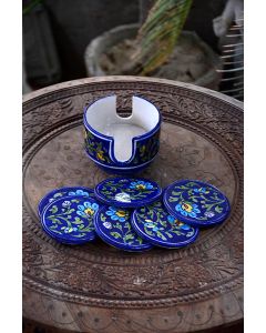 Handmade Blue Pottery specially design Coffe/Tea coasters, Set of 6 costers with coster stand floral print MultiColour