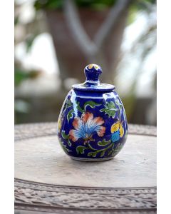 Handmade Blue Pottery Designer specially for kitechn accessories Pot for tea or suger with Lid  floral print MultiColour