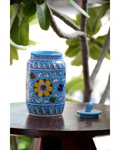 Handmade Blue Pottery Designer specially for kitechn accessories Pot for tea or suger with Lid  floral print MultiColour