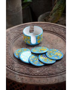 Handmade Blue Pottery specially design Coffe/Tea coasters, Set of 6 costers with coster stand floral print MultiColour