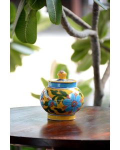 Handmade Blue Pottery Designer specially for kitechn accessories Pot for tea or suger with Lid  floral print MultiColour