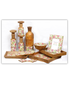 Wooden Floral Colorful Mixing and Serving Bowls Set with 5 Items, Large Wood Container Set with Tongs for Fruits, Pasta, Cereal and Vegetable, Candle Stand, Tray etc. - Round 12" Diameter x 5" Height, Tropical Design