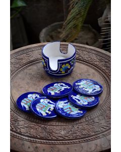 Handmade Blue Pottery specially design Coffe/Tea coasters, Set of 6 costers with coster stand floral print MultiColour