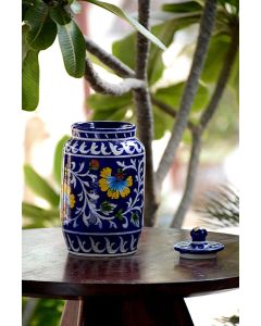 Handmade Blue Pottery Designer specially for kitechn accessories Pot for tea or suger with Lid  floral print MultiColour