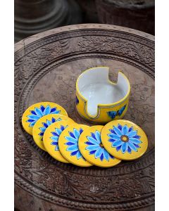 Handmade Blue Pottery specially design Coffe/Tea coasters, Set of 6 costers with coster stand floral print MultiColour