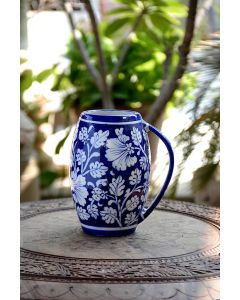 Handmade Blue Pottery Designer Beer Mug Pitcher with handle in natural color for any party or home use  floral print MultiColour