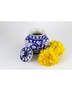 Handmade Blue Pottery Designer specially for kitechn accessories Pot for tea or suger with Lid  floral print MultiColour