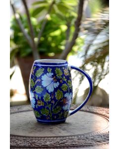 Handmade Blue Pottery Designer Beer Mug Pitcher with handle in natural color for any party or home use  floral print MultiColour